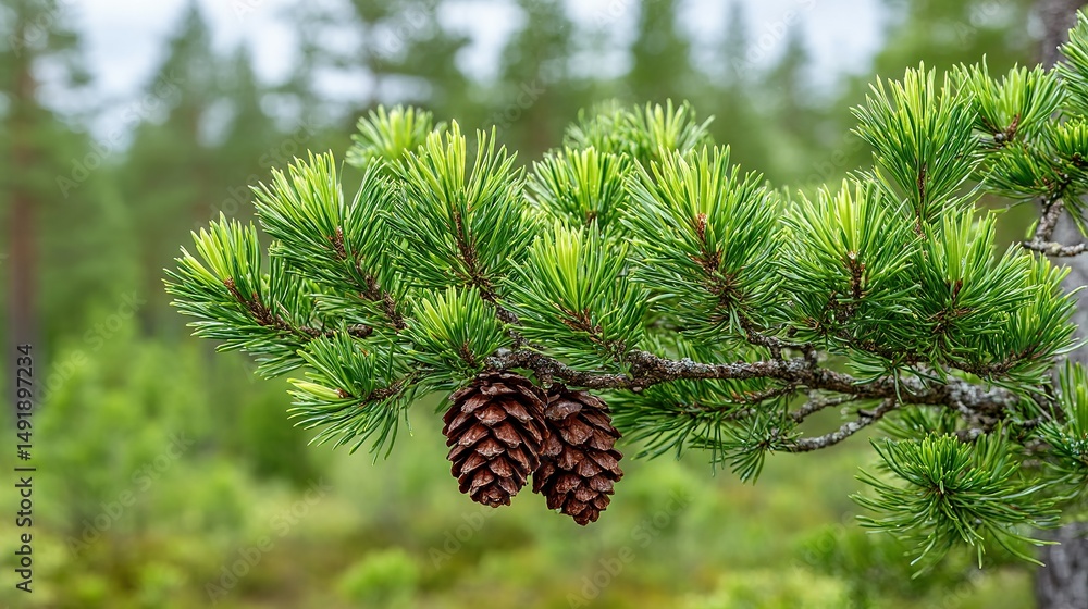 Poster close-up of pine branch with cones in a forest setting.