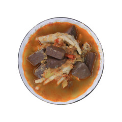 Ancient Thai food: Khanom Jeen Kaeng Pa, chicken blood soup and chicken legs, spicy, sour, salty, just right.