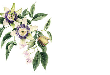 A botanical watercolour illustration of Passiflora or passion flower. For wedding, invitation, cards scrapbooking, posters planners, web, landing page, wallpaper.