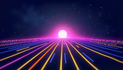 Obraz premium Abstract sunset with neon lines against starry background