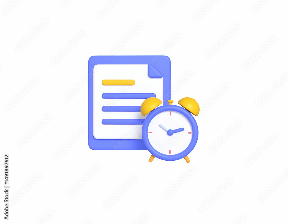 Poster 3d render of a document and alarm clock, symbolizing deadlines and time management