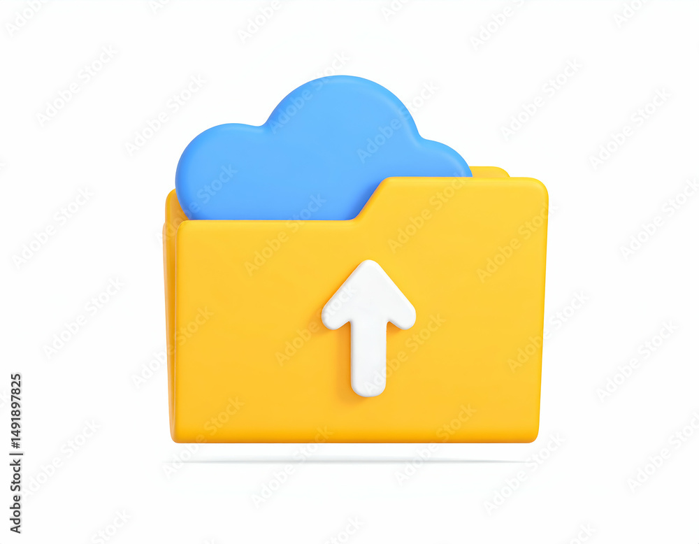 Poster 3d render of a yellow folder with a blue cloud and upward arrow, symbolizing cloud storage upload