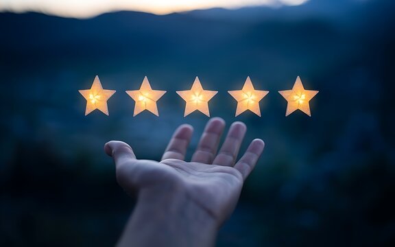 Hand reaching for glowing five-star review ratings