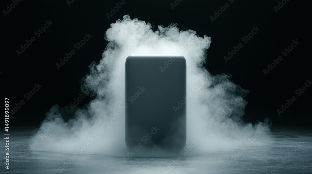 Poster mysterious object appearing from smoke in dark studio with ethereal lighting effects