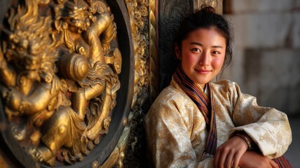 Fototapeta premium Portrait of a Young Bhutanese Woman in Kira with a Soft Smile Against an Ornate Golden Background