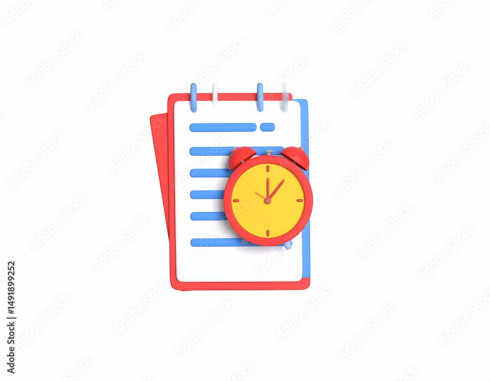 Poster a 3d rendering of a notepad with an alarm clock, symbolizing time management and scheduling