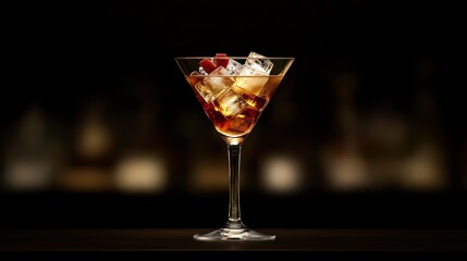 A Refreshing Cocktail: Martini with Ice and Garnish in a Dark Bar Setting