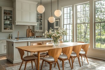 Fototapeta premium Mid-century modern dining room with light wood table and chairs, white walls, wall sconce over kitchen island, vase of flowers on sideboard, soft yellow accents, and stylish interior design