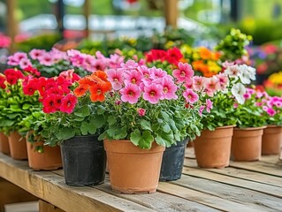 Row of colorful potted flowers on a wooden table.