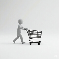 Minimalist 3D Illustration of Online Shopping: Stick Figure Pushing an Empty Shopping Cart