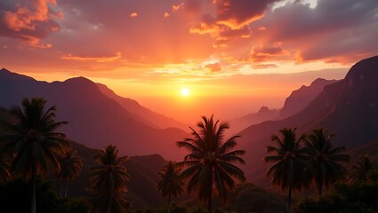 Obraz premium Golden Sunset Over Tropical Mountains