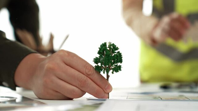 A video of architect using tree and home model to measure blueprint. Architect designing house construction on a table at studio, with architectural plan scattered around. Focus on hand. Delineation.
