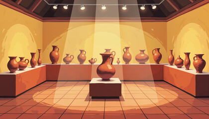 Elegant pottery display in art gallery