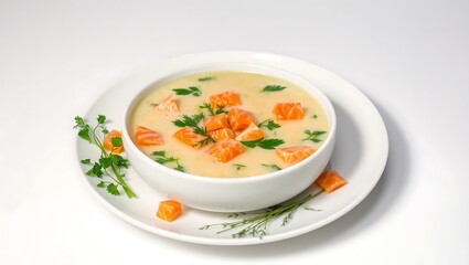 Creamy Salmon Soup with Fresh Herbs, Ready to Serve