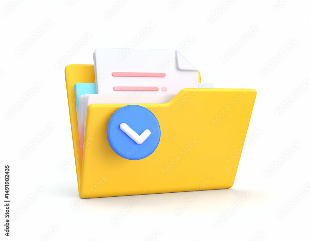 Poster a yellow folder with documents and a checkmark, indicating completion or approval