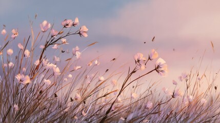 Soft pastel wildflowers in a meadow at sunset