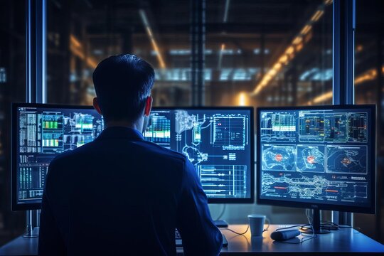 Person facing three computer screens displaying data, charts, and maps. Office background is out of focus, nighttime.