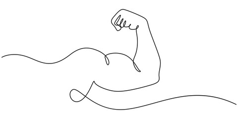 Arm shows bicep fist. Continuous one line vector, shows bicep continuous one line vector drawing, Man shows bicep fist hand continuous line drawing. Fitness and gym concept. minimal style.