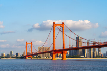 Aerial view of  Wuhan city .Panoramic skyline and buildings beside yangtze river.