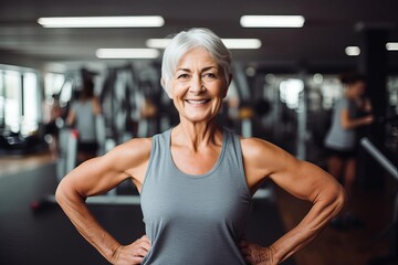 Fototapeta premium A smiling woman with white hair in a grey tank top stands in a gym, hands on hips, showcasing defined arm muscles.