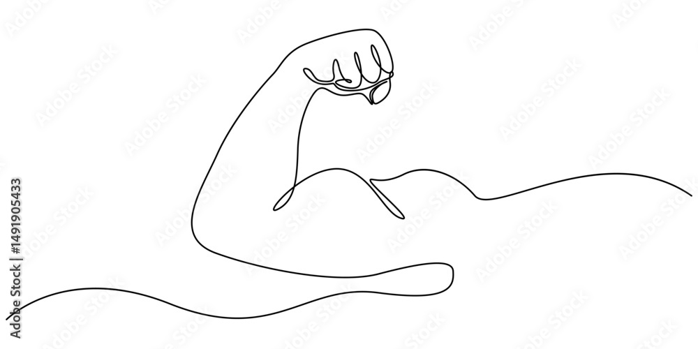 Poster arm shows bicep fist. continuous one line vector, shows bicep continuous one line vector drawing, ma