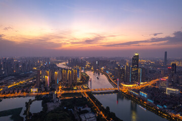 Aerial view of  Wuhan city .Panoramic skyline and buildings beside yangtze river.