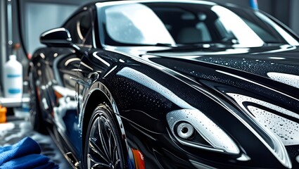 Luxury black sports car detailing after wash