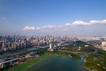 Aerial view of  Wuhan city .Panoramic skyline and buildings beside yangtze river.