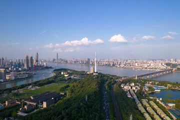 Aerial view of  Wuhan city .Panoramic skyline and buildings beside yangtze river.