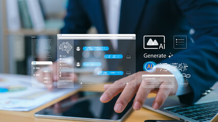 A businessman interacts with a futuristic digital interface over a tablet device, illustrating the concept of artificial intelligence (AI), virtual assistant tools, and advanced UI/UX design.