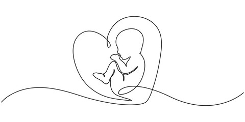 Baby embryo in womb one line drawing. Cute unborn fetus baby on mother womb isolated on white background, Baby embryo in womb in one continuous line drawing. Healthy pregnancy and premature symbol.