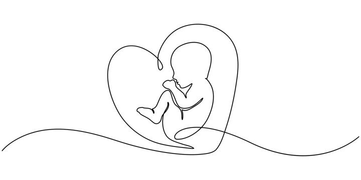 Baby embryo in womb one line drawing. Cute unborn fetus baby on mother womb isolated on white background, Baby embryo in womb in one continuous line drawing. Healthy pregnancy and premature symbol.
