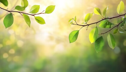Obraz premium Close-up of green leaves on branch with soft backlight creating bokeh.