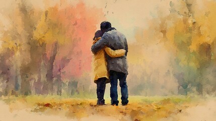 Father day, Watercolor Romantic embrace between couple in autumn park emotional scene outdoor setting captured from behind love in nature. High quality