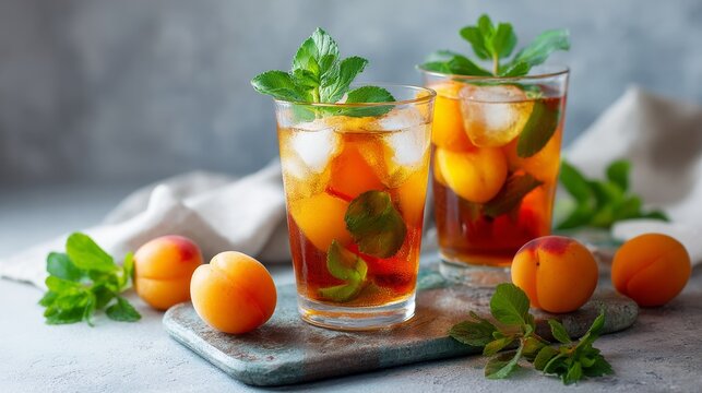 Refreshing summer drink recipe  ice peach tea cocktail with mint and apricots for weight loss