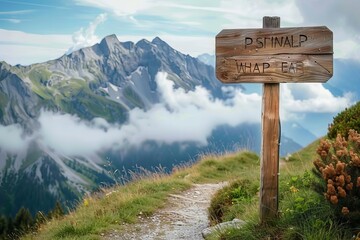 Wooden signpost with mountain range background. Green grass and shrubs in the foreground. Blue sky with clouds above.