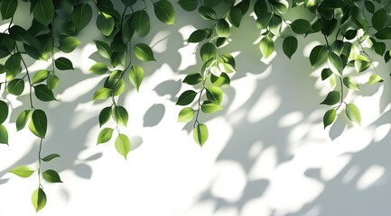 Lush green leaves cascade down a white wall, casting soft shadows