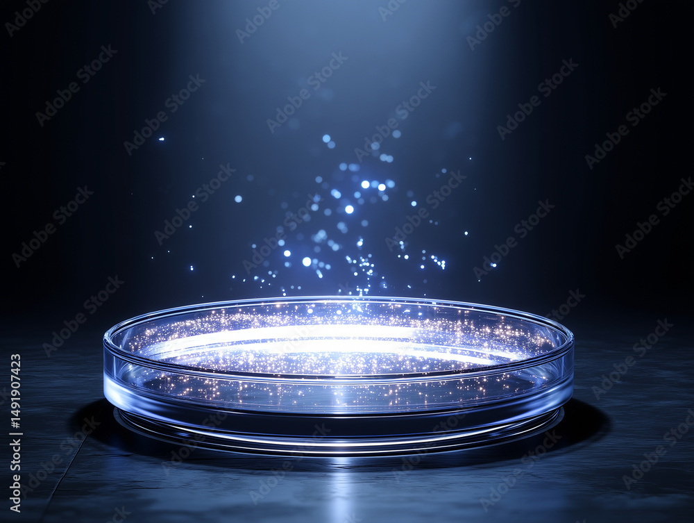 Poster glowing petri dish with sparkling particles creates mesmerizing visual effect dark environment. ethe