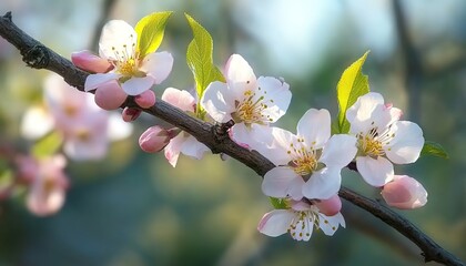 White cherry blossoms on branch with green leaves in warm sunlight.