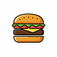 Simple cartoon illustration of hamburger with bun, lettuce, and tomato