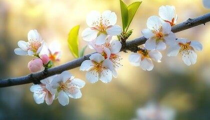 Obraz premium White cherry blossoms on branch with green leaves in warm sunlight.