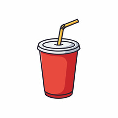 Cartoon depiction of a red drink with a straw in a white lid against a white background