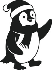Christmas Penguin Silhouette Wearing Santa Hat and Scarf Vector