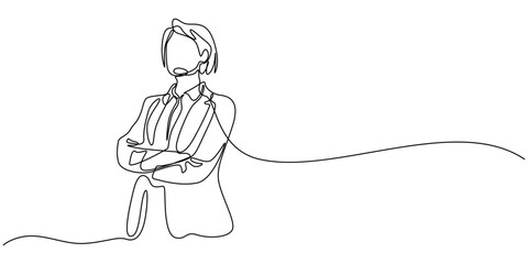 female doctor standing confidently continuous one line drawing, Single continuous line drawing a female doctor standing confidently with her arms crossed, Medical health care service concept single.