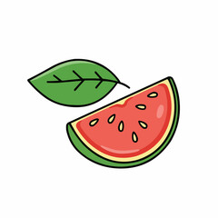 Slice of watermelon with seeds next to a leaf, minimalist and cartoonish style