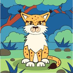 Vector cartoon image of a lynx in the style of a children's drawing. A simple drawing, a kind animal character.

