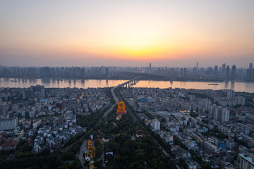 Aerial view of  Wuhan city .Panoramic skyline and buildings beside yangtze river.