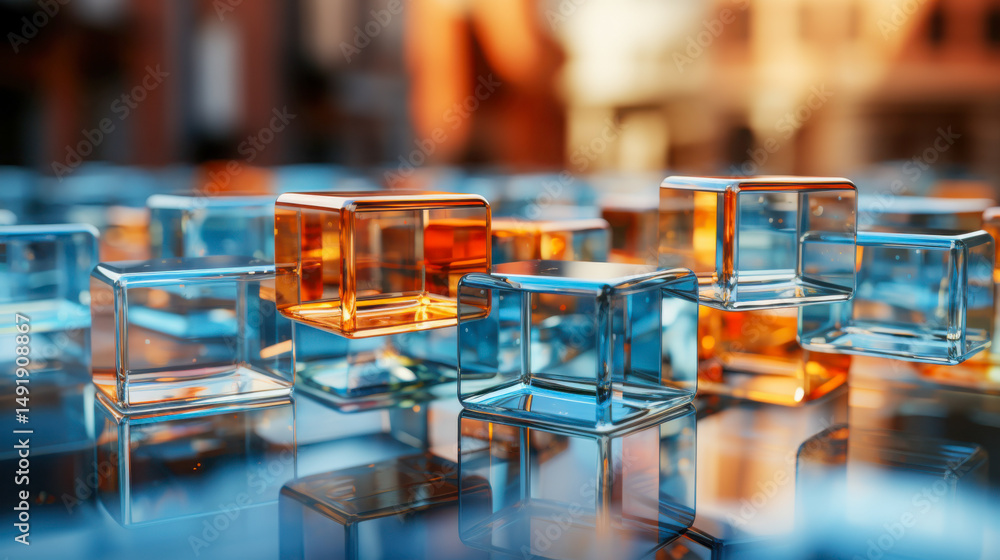 Poster translucent cubes in shades of orange and blue cascade in an abstract formation, creating a dynamic 