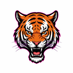 Vivid illustration a bold, striped tiger face peers out with intense orange eyes