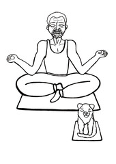 An old man meditates in lotus position. On a mat. Small dog on mat next to him. Both have their eyes closed. Man with beard, in T-shirt, muscles are visible. Line art. Black outline. White background.
